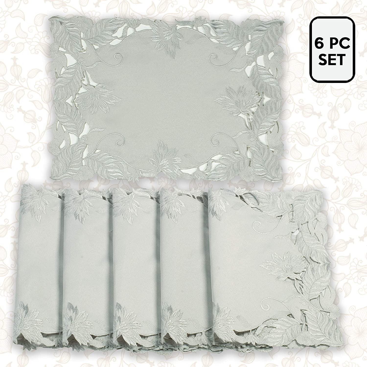 Set of six linen placemats with European embroidery from the Corda Collection, featuring intricate designs and natural linen texture.