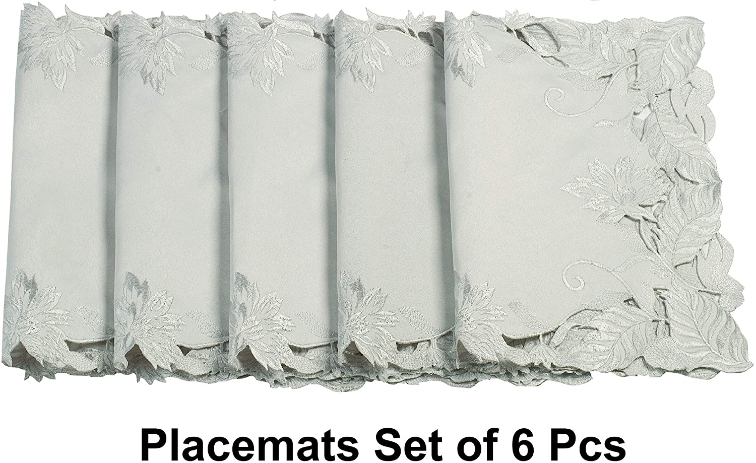 Set of six linen placemats from the Corda Collection featuring intricate European embroidery, ideal for elegant table settings.