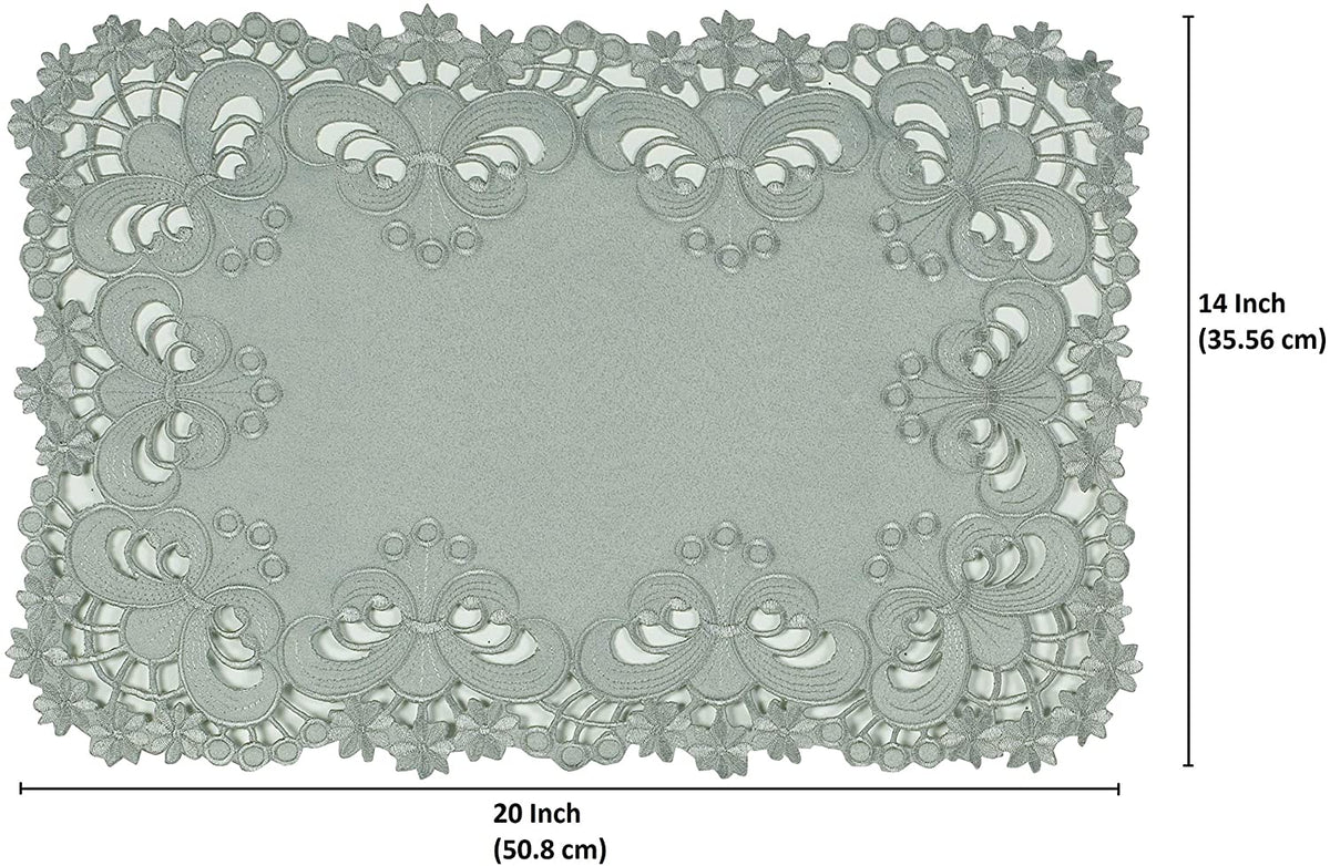 Set of six linen placemats with European embroidery from the Creola Collection, featuring detailed floral designs.