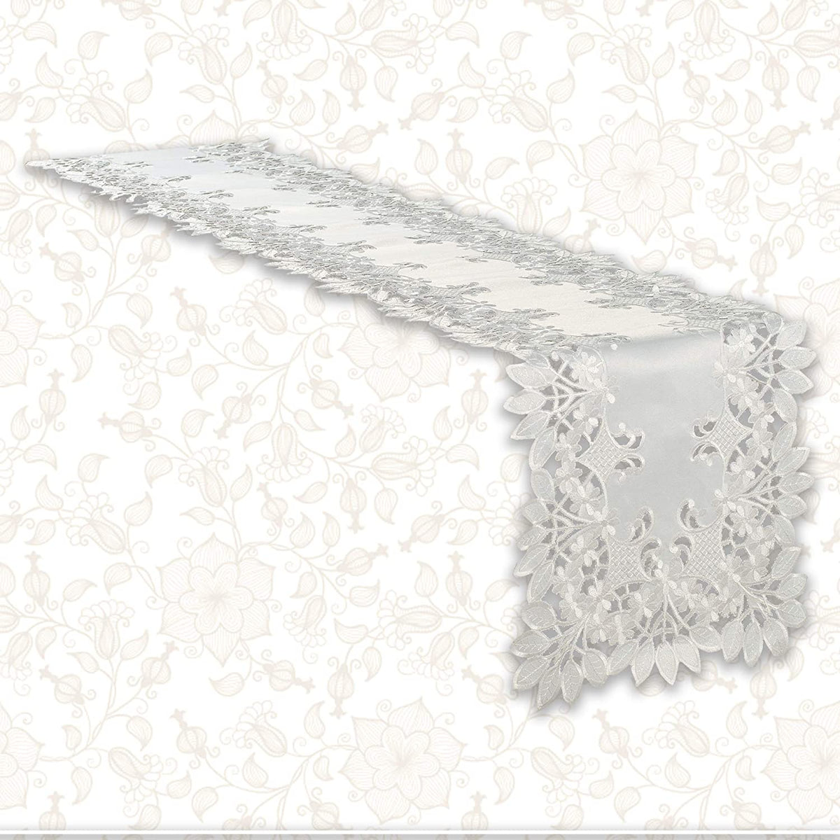 Elegant linen table runner with intricate European embroidery from The Deandra Collection, featuring detailed needlework on a classic design.