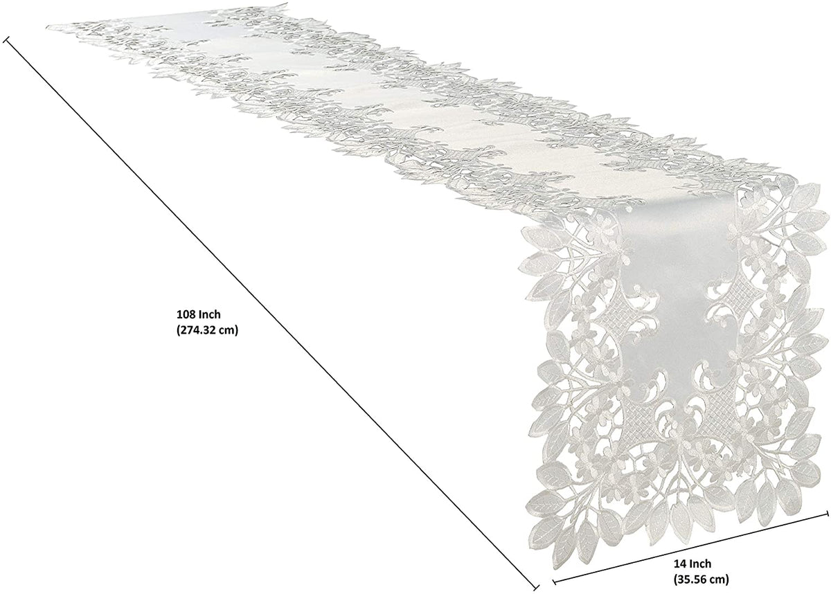 Linen table runner with intricate European embroidery from The Deandra Collection, showcasing detailed craftsmanship and elegant design.