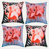 Set of four flamingo printed throw pillow covers, 18x18 inches, decorative fabric for living room or bedroom decor.