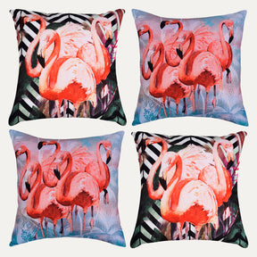 Set of four flamingo printed throw pillow covers, 18x18 inches, decorative fabric for living room or bedroom decor.