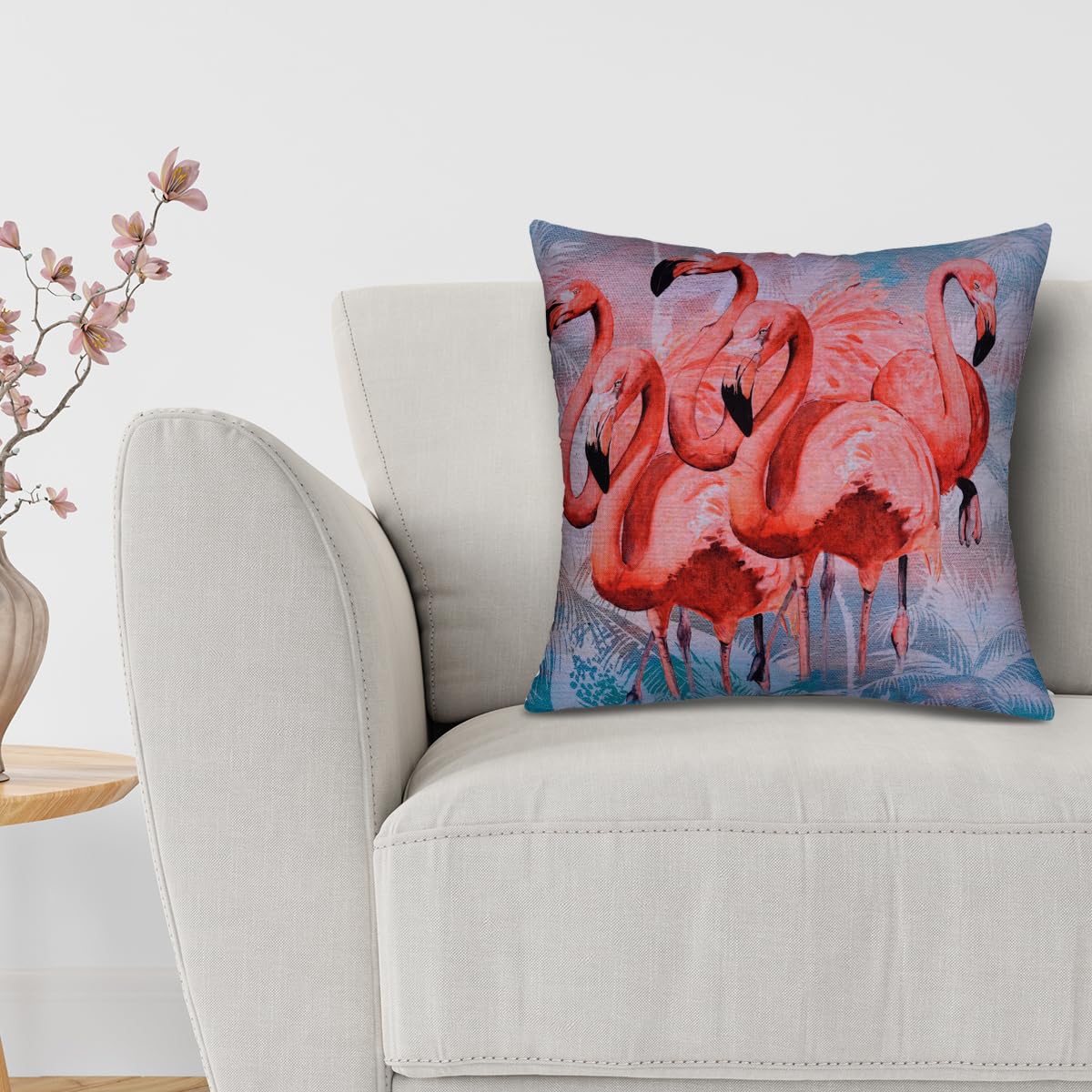 Flamingo printed design throw pillow cover from LD20180010173, featuring tropical flamingo pattern on fabric cushion cover.