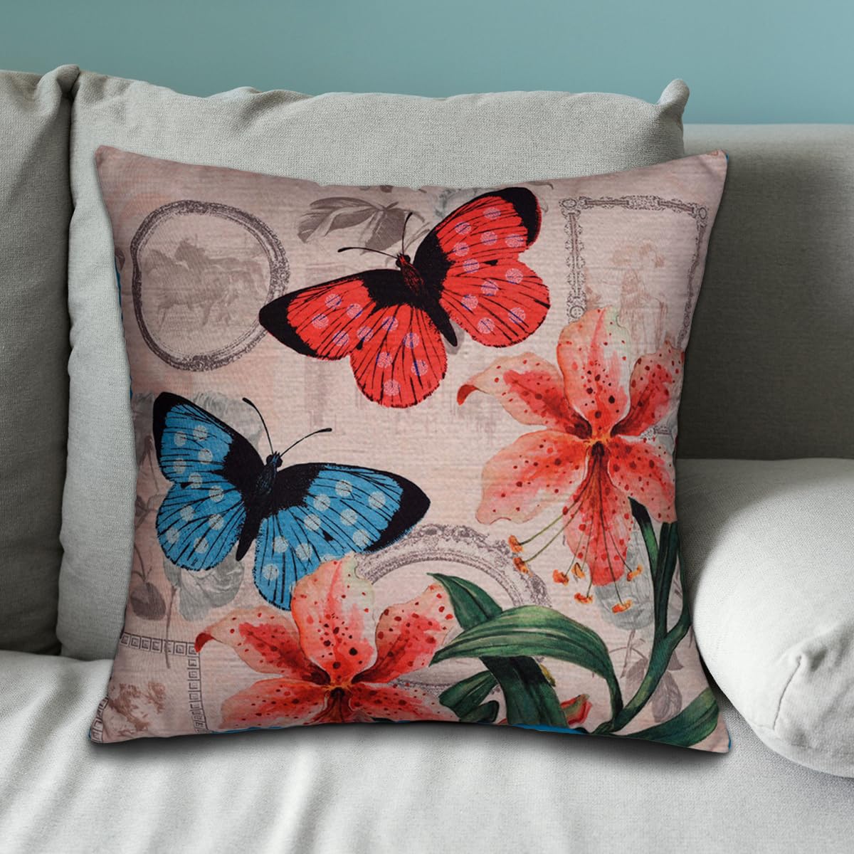 Butterflies printed design throw pillow cover by LD2018013, featuring colorful butterfly patterns on fabric.