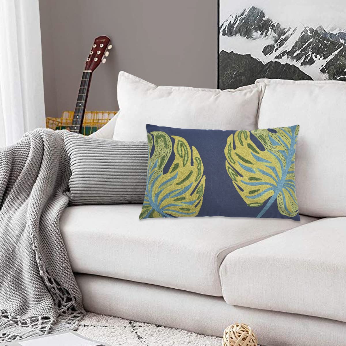 Embroidered leaf design printed cushion cover from LDC2018017, decorative throw pillow cover with green leaf pattern.