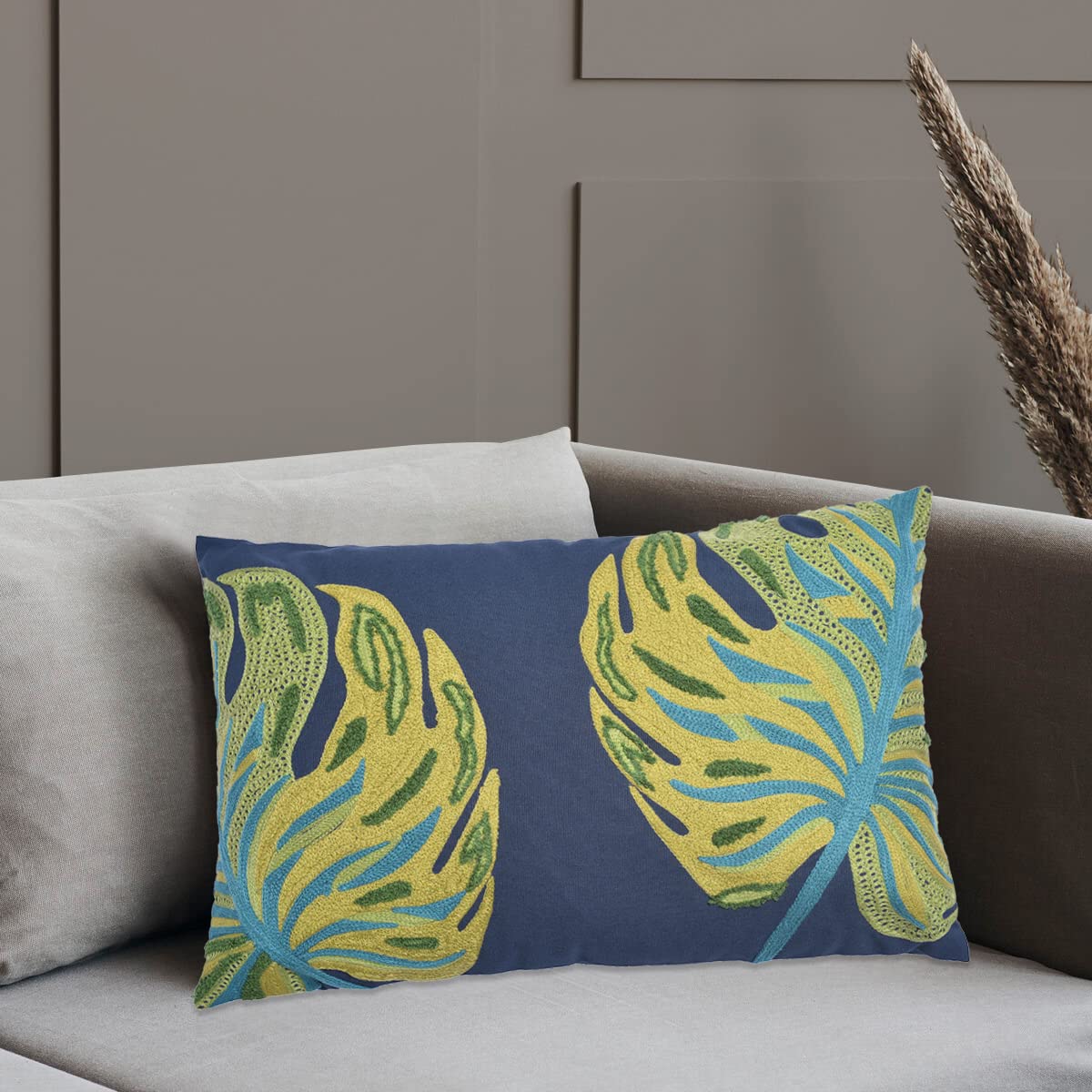 Printed cushion throw pillow cover with embroidered leaf design, made by LDC2018017. Natural leaf pattern on soft fabric.