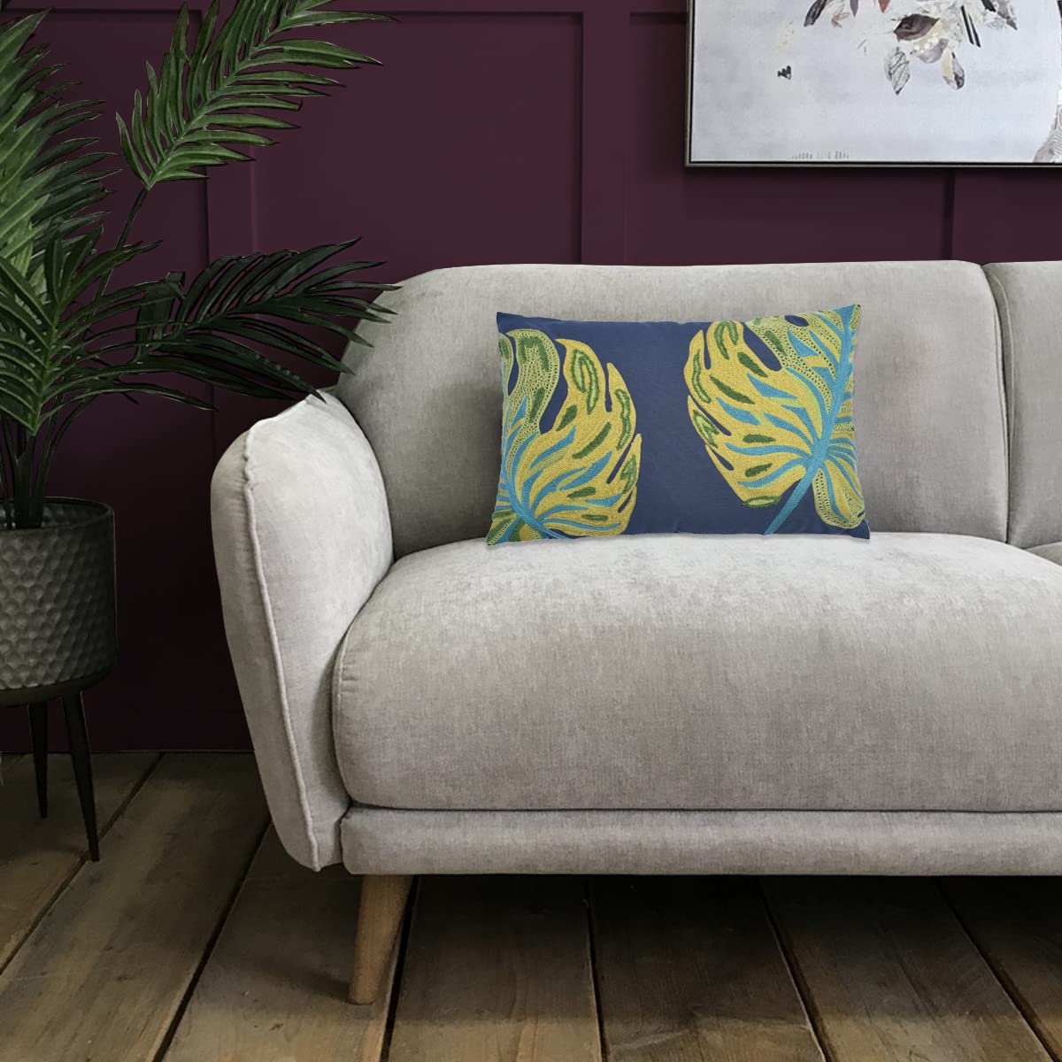 Embroidered leaf design throw pillow cover by LDC2018017, printed cushion with detailed leaf pattern on soft fabric.
