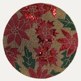 Crimson Cheer festive beaded placemat by PM, embroidered beaded design, 14-inch decorative dining table accent, luxurious and colorful.