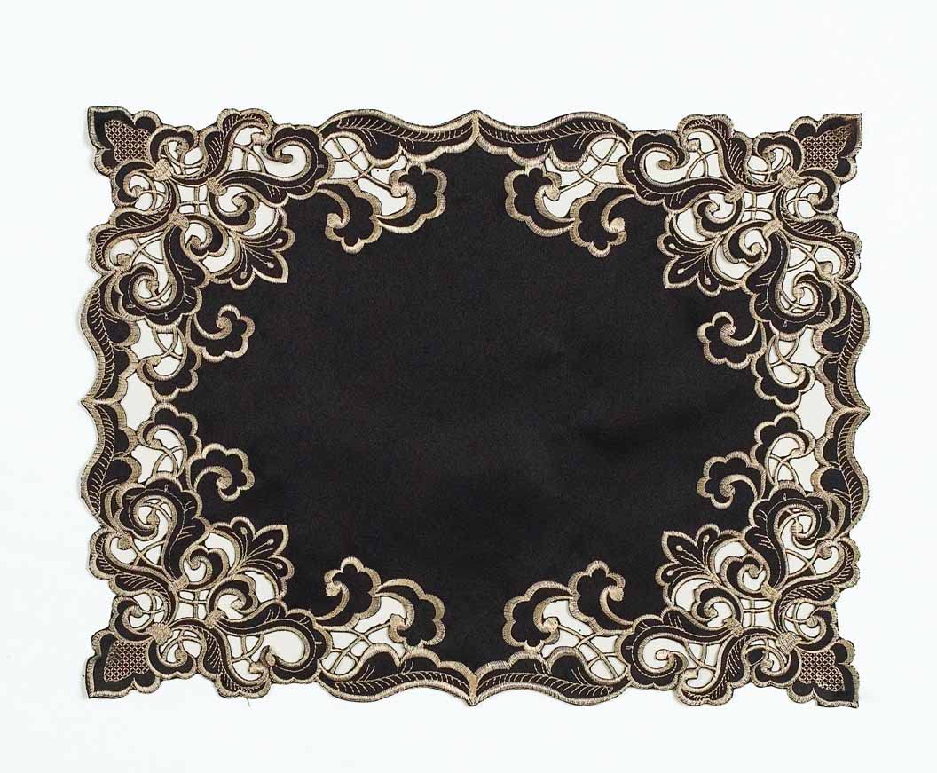 Set of four Noir Luxe black and gold placemats from RIZ-004-PM Granada Collection, modern 12x18 inch dining table décor.