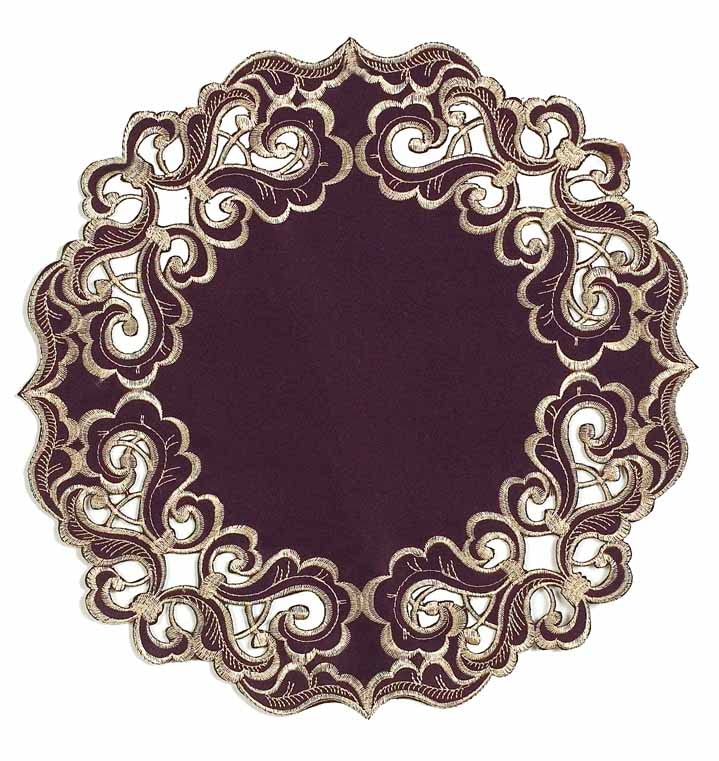 Set of four Amethyst Haze Plum Gold table doilies from RIZ-006-DL Granada Collection, 15-inch artistic table décor.