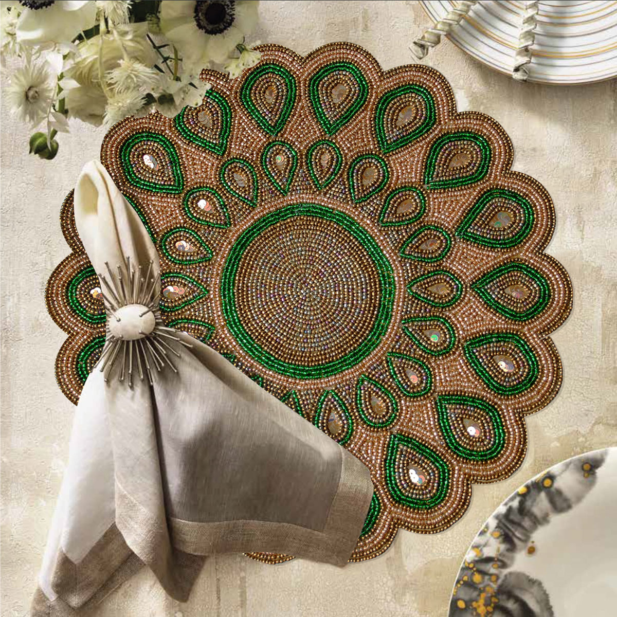 Set of 2 embroidered beaded placemats with festive poinsettia design, ideal for holiday table decor from TD-BPM-PCV1.