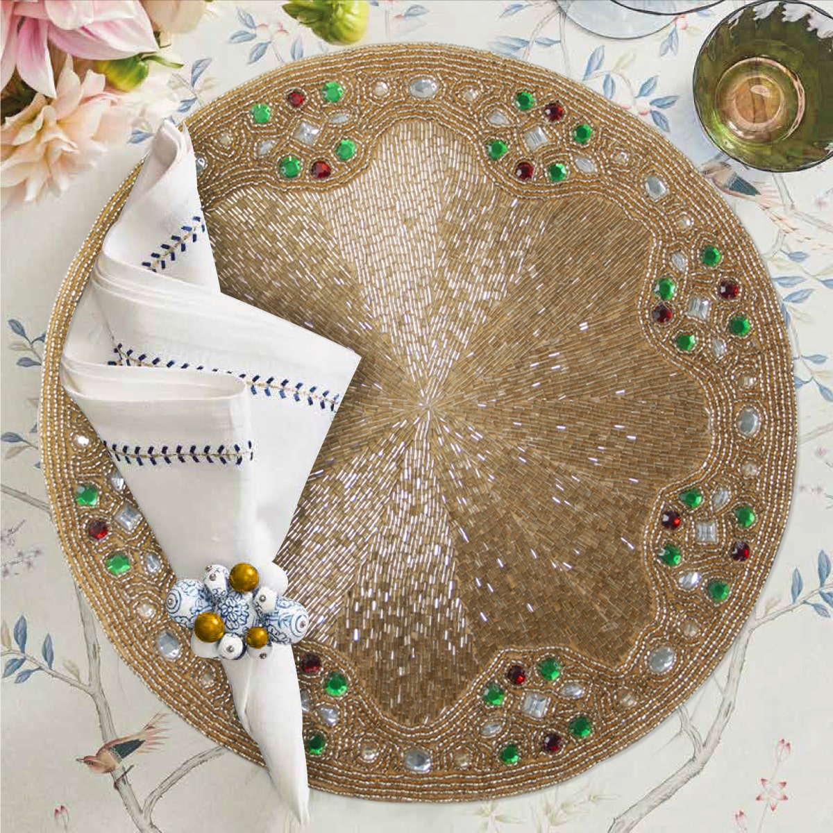 Set of 2 embroidered beaded placemats with festive poinsettia design for holiday table decor by TD-BPM-PCV1