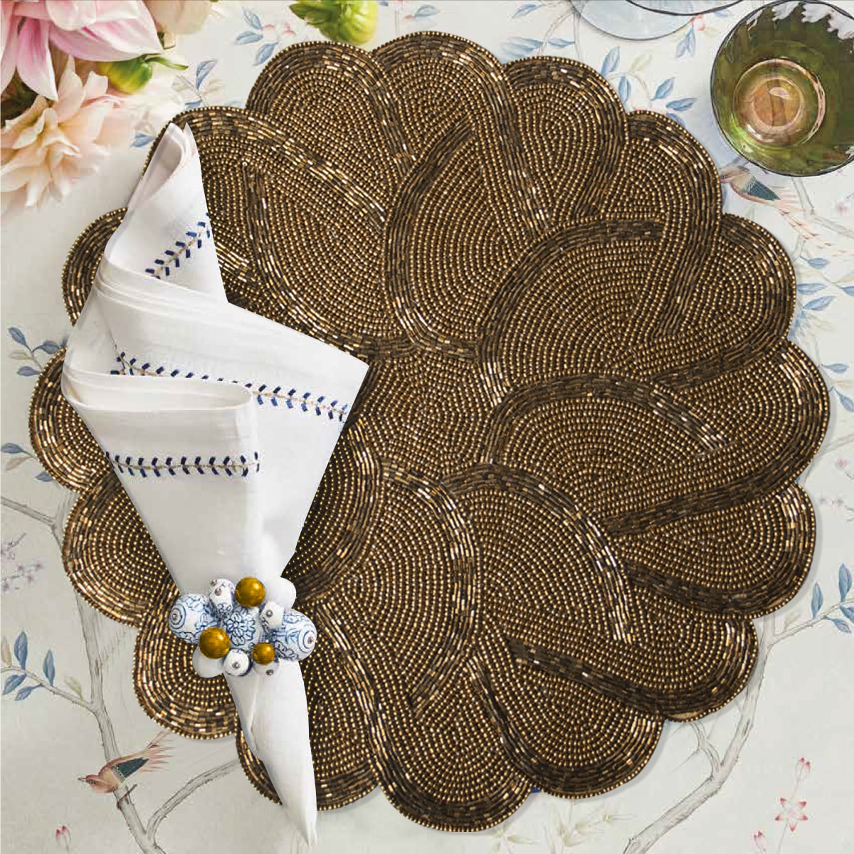 Set of 2 embroidered beaded placemats with festive poinsettia design, perfect for holiday table decor, by TD-BPM-PCV1.