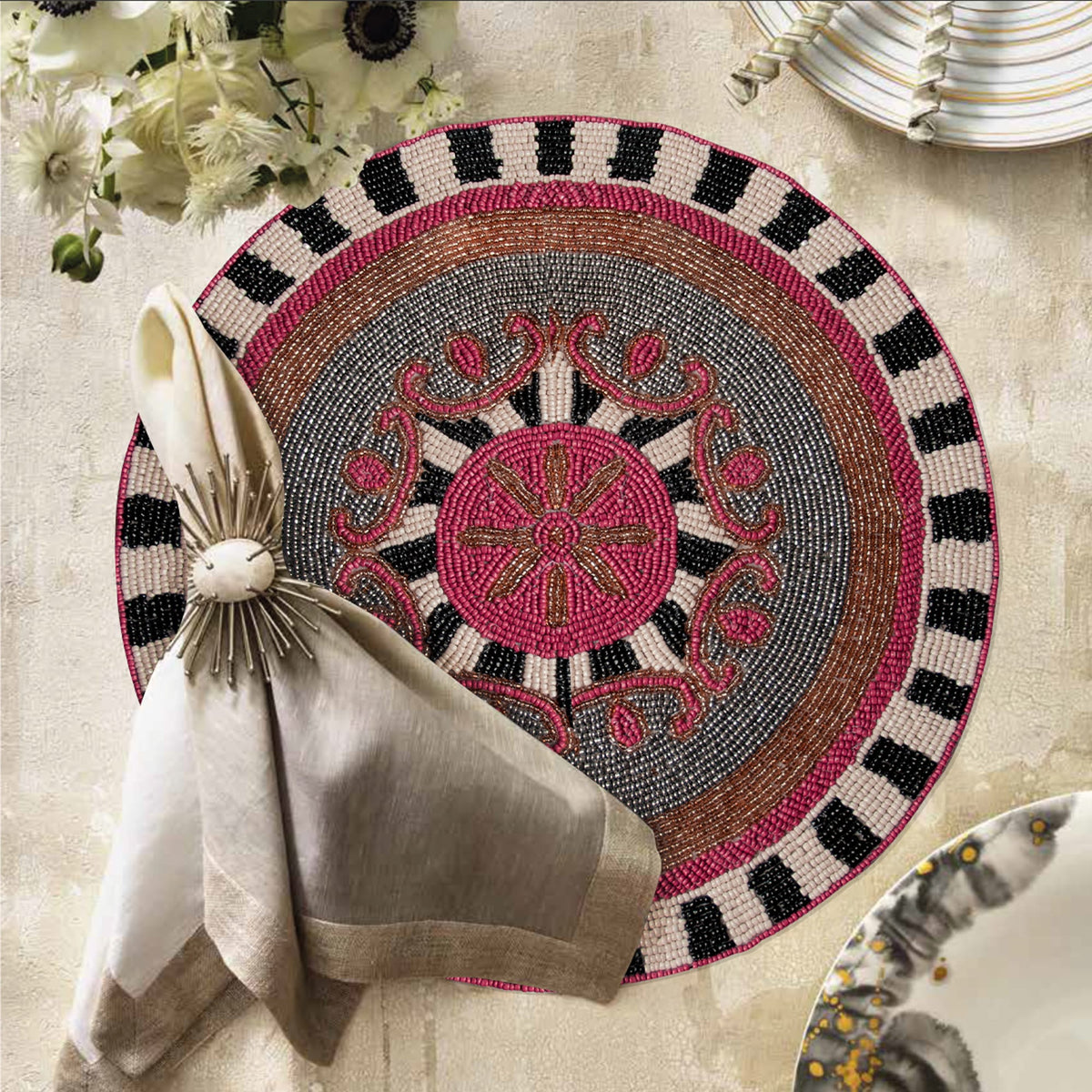 Set of 2 embroidered beaded placemats with festive poinsettia design, perfect for holiday table decor by TD-BPM-PCV1.