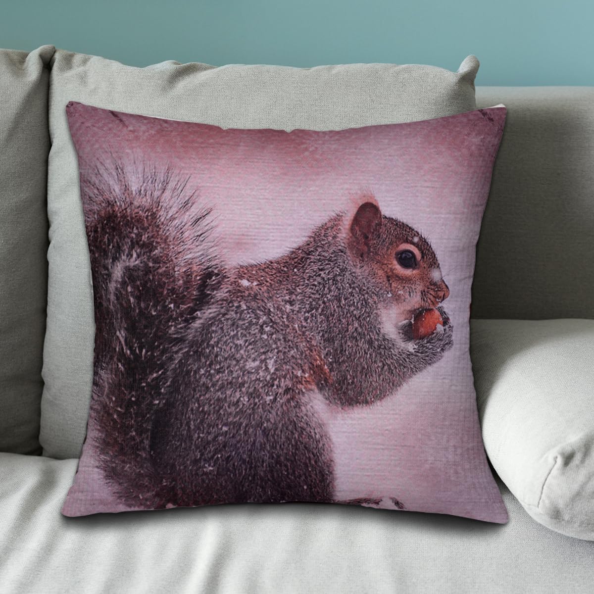 WINTER 6 squirrel printed design throw pillow cover featuring a charming squirrel illustration on a cozy cushion.