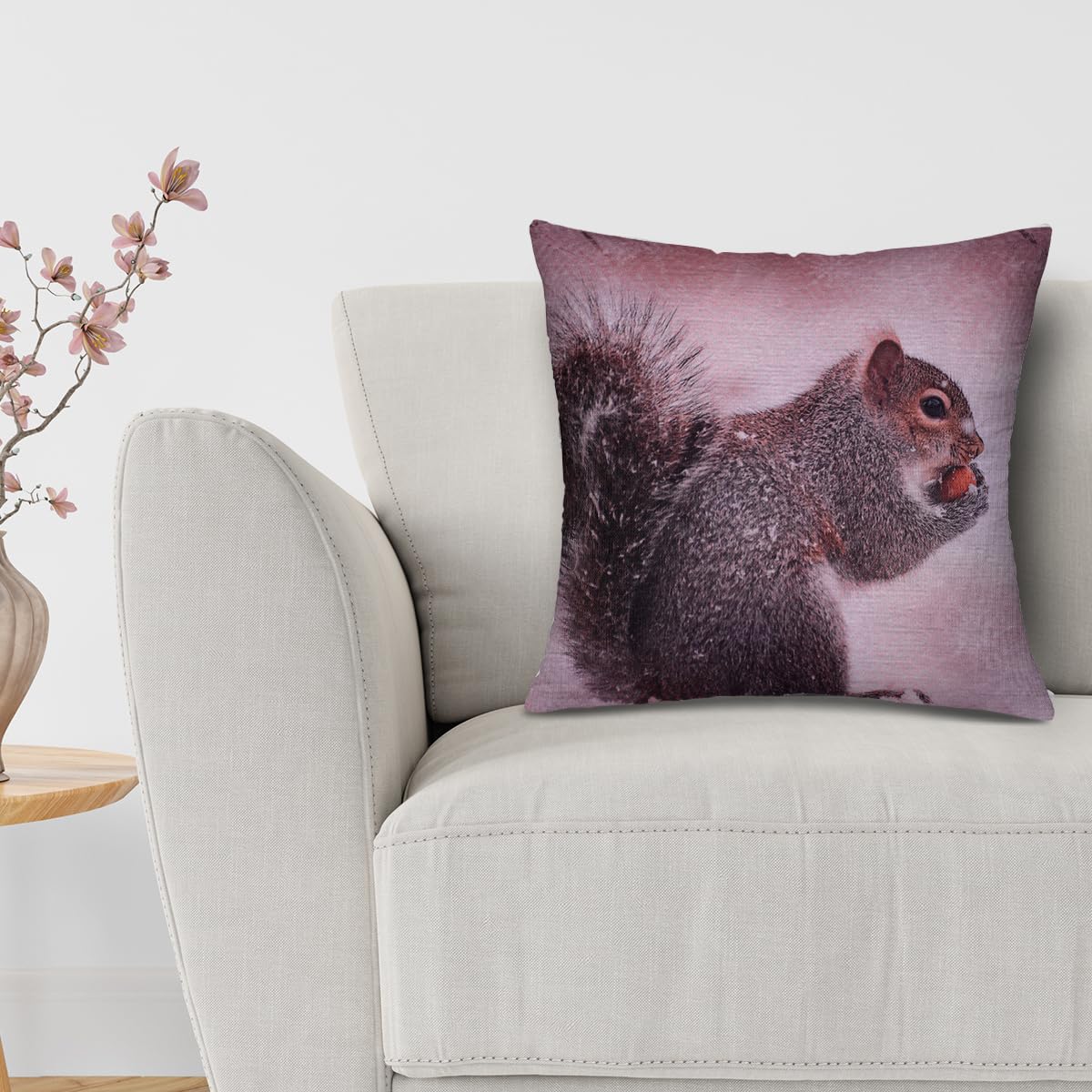 Squirrel printed design throw pillow cover from WINTER 6, featuring a cozy squirrel illustration on a soft cushion cover.